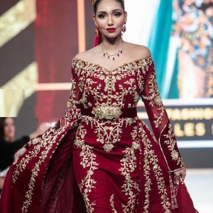 ล่าสุด dabka ชุดเดรสเจ้าสาวปักลายสีแดงเข้มพร้อมลูกปัดแก้วคริสตัล, หิน, dabka Work @ 2023 - Product Image 1