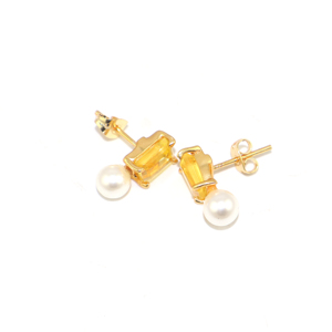 Pendientes de Botón de Oro de 22k con Citrino y Perla de Agua Dulce, Estilo Clásico, Forma Rectangular, Ligeros, de Latón, al por Mayor para Mujer - Product Image 2