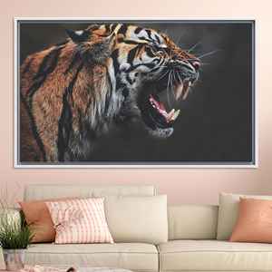 Roaring Tiger <b>Canvas</b> Wall Art: Fierce Jungle Predator Print,WHITE <b>FRAMED</b> <b>CANVAS</b> - Product Image 1