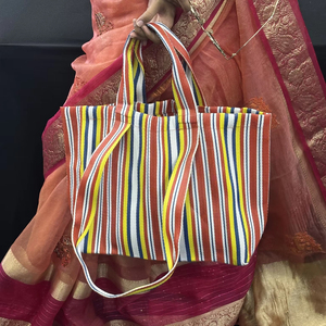 Indian Traditional Handloom Woven Recycled Plastic Nylon Eco-Friendly Double-Handled Large <b>Market</b> <b>Bag</b> Portable Striped Shopping - Product Image 2