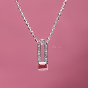 IGI Certified Lab Grown Diamond & Emerald Cut <b>Ruby</b> Pendant <b>Necklace</b> in 18K White Gold Minimalist Geometric Fine Jewelry <b>Necklace</b> - Product Image 1