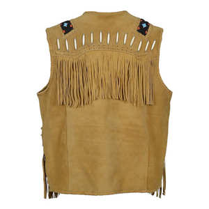 High Quality <b>Men's</b> Formal <b>Western</b> <b>Vest</b> Beige Breathable <b>Suede</b> Leather Fringes Beads Bones Summer Handmade Nonwoven - Product Image 2