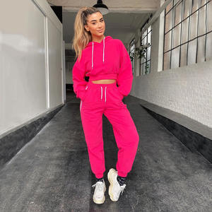 Personalizado desgastado bordado recortado Streetwear de alta calidad Zip up dos piezas pantalones de chándal y Sudadera con capucha conjunto Joggers mujeres chándales - Product Image 1
