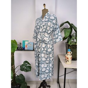 Boho Style Cotton <b>Kimono</b> Indian Handprinted Floral Design Luxury Lightweight Summer Robe for <b>Beach</b> Holiday Cover Ups Pink Grey - Product Image 6