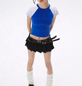 Women's Blue White Color Block American Raglan Sleeve Crop Top Crew Neck Slim Fit Sporty Short Sleeve Knitted T-<b>Shirt</b> Summer - Product Image 2