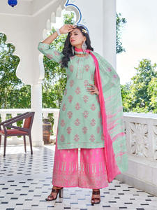 Liva Approved Heavy Rayon Embroidered <b>Kurti</b> with Lace Work Nazmini Dupatta Palazzo-Indian & Pakistani Clothing - Product Image 6