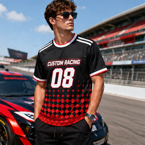Camiseta personalizada para fanáticos de carreras, con estampado de equipo de mecánicos, tela de malla a rayas, manga corta, sublimación. - Product Image 1