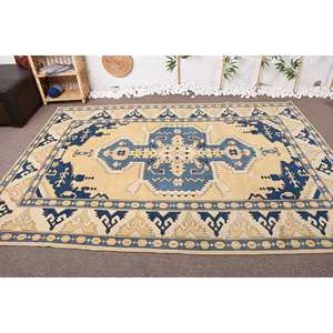 Alfombra turca Vintage Bohemia, Beige, negro, patrón rectangular clásico, Material de lana, látex, 6,1x8,8 pies, para sala de estar, mesita de noche - Product Image 1