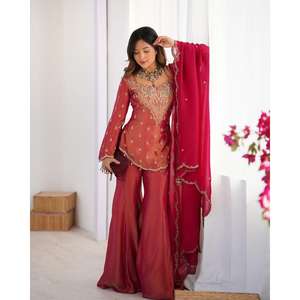 Wholesale Traditional <b>Women</b> Organza Sharara Suit with Embroidered <b>Kurta</b> Set Dupatta Wedding Party Festive Wear Quick Dry - Product Image 5