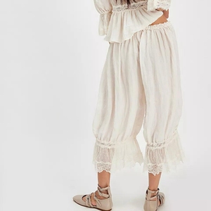 <b>Women's</b> Y2K Cropped Pants 100% Cotton High Waist <b>Floral</b> Lace Patchwork Calf-Length Lantern <b>Trousers</b> Drawstring Loose Fit Cute - Product Image 4