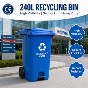 Contenedor de <span class=keywords><strong>Basura</strong></span> Ecológico de 240L para Áreas Públicas Exteriores con Logotipo Personalizado, HDPE Resistente con Tapas, Tapón de Drenaje y Ruedas con Freno - Product Image 2