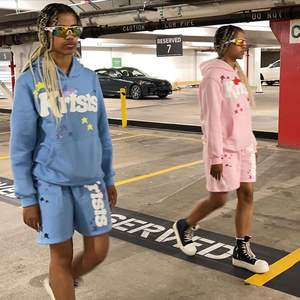 Unisex 2-Piece Sweat Suit 100% Cotton 24oz Screen Print Stars Embroidered Sleeves Plus Size Hoodie Shorts Washed for Autumn - Product Image 4