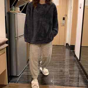 Ensemble de pyjamas en polaire d'hiver pour femmes velours solide 2 pièces pantalon en flanelle maison costume chaud moelleux décontracté vêtements de nuit tissu peigné - Product Image 6