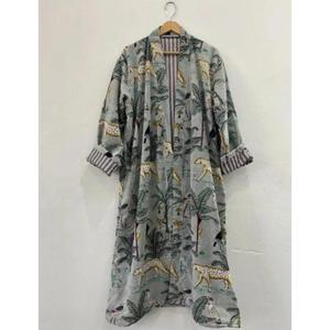 เสื้อโค้ทกันหนาวของผู้หญิงทำด้วยมือชุดเดรสลำลองพิมพ์ลายสัตว์ผ้าฝ้ายอินเดียชุดเดรสชายหาดใส่เป็นของขวัญเข็มขัดรวม - Product Image 5