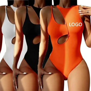 Custom Logo Front Cut Out One Piece Women's Crew Neck Sexy Monokini Backless Plus Size Bathing Suit Swimwear - Product Image 1