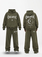 Ensemble survêtement molletonné oversize imprimé vert olive délavé et vieilli, style streetwear, deux pièces, pour l'hiver