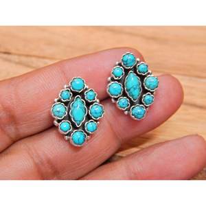 Boucles d'oreilles en argent sterling 925 de style vintage Bijoux en pierre naturelle de pierre précieuse turquoise véritable - Product Image 2
