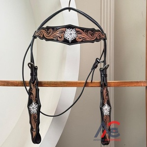 Cabecera de caballo de cuero occidental con herramientas manuales personalizadas, brida de vaquero Vintage con tachuela ajustable para rodeo y equipo ecuestre - Product Image 1