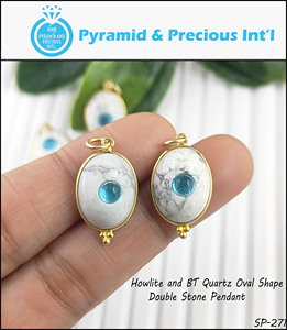 Howlite Double Pierre Ovale Forme Pendentif Or Vermeil Lunette Ensemble Cabochon Charme Pendentif Pour La Fabrication De Composants De Bijoux - Product Image 3