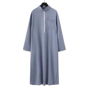 Light Blue Grey <b>Men</b> Islamic <b>Thobe</b> Long Sleeve Embroidered Neckline Arabic Kandura Dishdasha Muslim Jubba Traditional Dress - Product Image 3