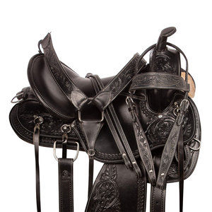 Silla de montar profesional ligera para doma y equitación western, de cuero con armazón de madera y herrajes de latón, diseño negro grabado. - Product Image 1