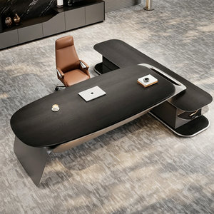 Modern Brown Engineered Wood <b>L</b>-<b>Shaped</b> Executive Computer <b>Desk</b> with Thick Top Anti-Slip Baffle Cable Management 1-Year Warranty - Product Image 1