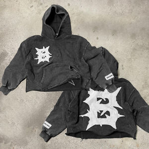 Streetwear pour hommes, sweats à capuche en coton mélangé à l'ourlet brut, vintage, lavé à l'acide, avec patch brodé - Product Image 4