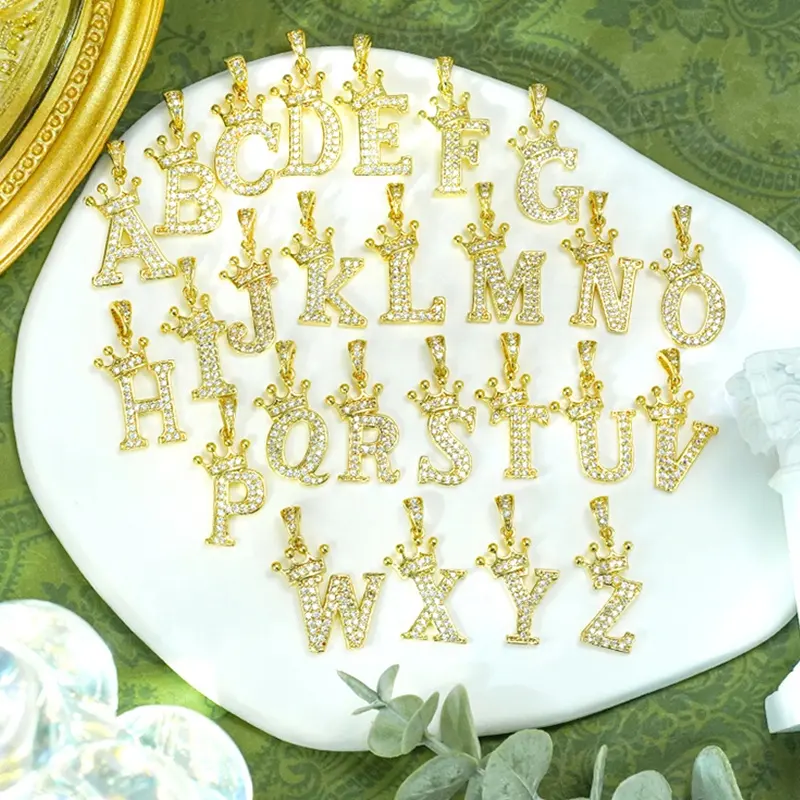 A-Z Thư Vương Miện Charms Zircon Ban Đầu Bảng Chữ Cái Brass Cubic Zirconia DIY Thư Mặt Dây Chuyền Cho Vòng Cổ Hip Hop Phụ Nữ Người Đàn Ông Đồ Trang Sức