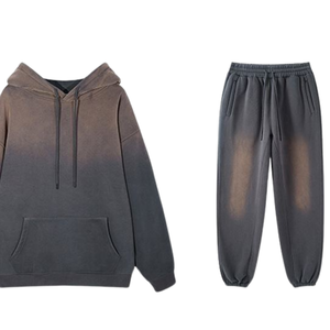 Brown <b>Grey</b> Acid Washed Hoodie Tracksuit <b>Men</b> Vintage Fleece Pullover <b>Sweatshirt</b> Jogger Pants Set Minimal Streetwear Winter Outfit - Product Image 5