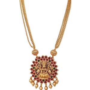 Collier Mangalsutra traditionnel plaqué or mat avec pendentif design temple et boucles d'oreilles Jhumka assorties pour mariage femme - Product Image 4