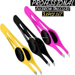 Pinzas para desplumar cejas de acero inoxidable personalizadas al por mayor, pinzas para cejas negras con vello facial de punta plana y Punta inclinada - Product Image 2