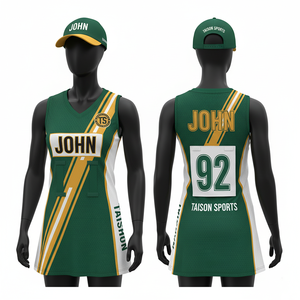 เสื้อเน็ตบอลหญิง GSM ผ้าโพลีเอสเตอร์ตาข่ายน้ำหนักเบา สีเขียว ทอง ขาว แถบข้างพิมพ์ลายแบบ Sublimation พร้อมโลโก้สั่งทำพิเศษ - Product Image 1