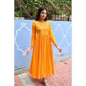 <b>Women's</b> Yellow Lehariya Anarkali <b>Kurta</b> Bollywood-Style Ethnic Cotton Salwar Suit Hand-Printed Jaipur Artisans Casual India - Product Image 5