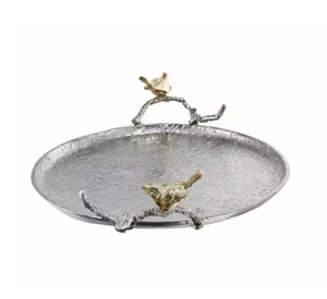 Metal Decorative Round Serving Tray with Floral Handle Wholesale Metal Tray Serving Supplies for <b>Home</b> Hotel and Restaurant Decor - Product Image 1
