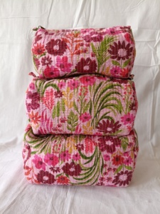 Indian Lotus Hand Block Printed Cotton <b>Quilted</b> Zipper Pouch Eco-Friendly Traveling <b>Makeup</b> <b>Bag</b> with Portable Capacity for Women - Product Image 6