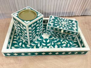 ชุดบาคูร์หรูหราสีเขียวและสีขาวประดับมุก พร้อมเตาเผา ถาดตกแต่ง และกล่องเก็บของ โดย Decor World Expo - Product Image 5