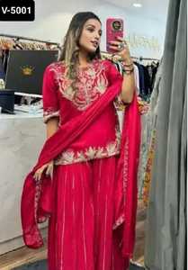 Most Beautiful Traditional Chinnon Silk Salwar Kameez Heavy Embroidery Coding Sequence Work Full Sleeve Pure Heavy Embroidery - Product Image 5