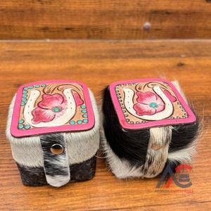 Elegant Mini Travel Box for Women Hand Tooled Genuine Hair-On Hide Leather, Perfect for Stylish Ring Storage and Portable Use - Product Image 1