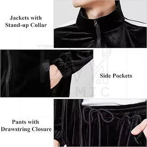 Pantalon à taille élastique Survêtement deux pièces en velours solide pour hommes avec patchs personnalisés 100% coton grande taille respirant hiver - Product Image 3