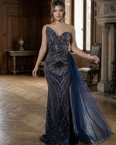 Robe de soirée de luxe bleu foncé, style sirène, sans manches, longueur ras du sol, 100 % polyester, tendance et unique, style européen et américain - Product Image 3