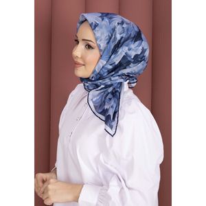 <b>Navy</b> Blue Floral Pattern Silk Square Scarf 90x90 cm for Women - Product Image 2