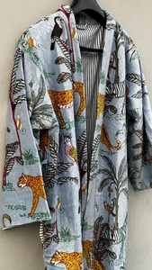 Chaqueta larga de terciopelo con estampado de jungla, Kimono, albornoz, Vestido de playa, vestido bohemio de terciopelo de algodón estampado hecho a mano - Product Image 2