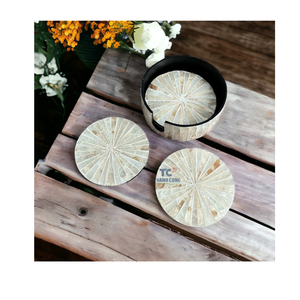 Dessous de verre à thé décor fait à la main nacre incrustation sous-verres ronds ensemble avec support et 6 sous-verres verts Protection de table - Product Image 6