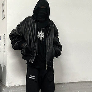 Veste bomber en cuir surdimensionnée Techwear personnalisée Cyberpunk, streetwear, fermeture éclair intégrale, capuche, veste bomber en cuir Techwear - Product Image 6
