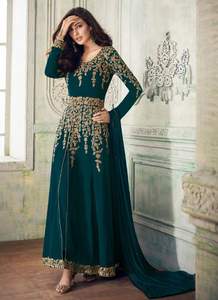 Robes longues Anarkali indiennes ethniques en géorgette lourde avec broderie et travail de broderie fantaisie, dupatta Pishwas - Product Image 5