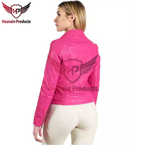 Womens Real <b>Pink</b> Leather Biker <b>Jacket</b> Asymmetric Zip Belted Waist Sheepskin Coat Lapel Zipper Pockets Custom Fit Outwear New - Product Image 4