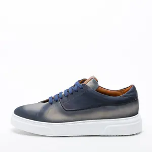 Mens Sneakers in soft brushed suede and leather details in blue with white rubber cupsole for casual but sophisticated look