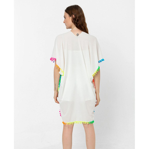Paréo de plage bohème de luxe à franges, kaftan transparent à col en V avec détails à pompons, bords roulés à la main de qualité supérieure, tenue de plage estivale - Product Image 4