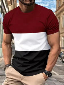 Camiseta de manga corta y cuello redondo con patrón de rayas de contraste de color para hombre, camiseta informal elegante de verano para hombre - Product Image 5