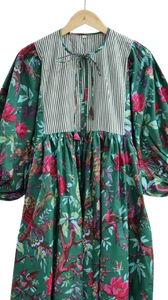Mini Vestido Floral de Algodón para Mujer, Verde a Rayas, Manga Larga, Dulce, Ecológico, Cómodo para el Verano - Product Image 3